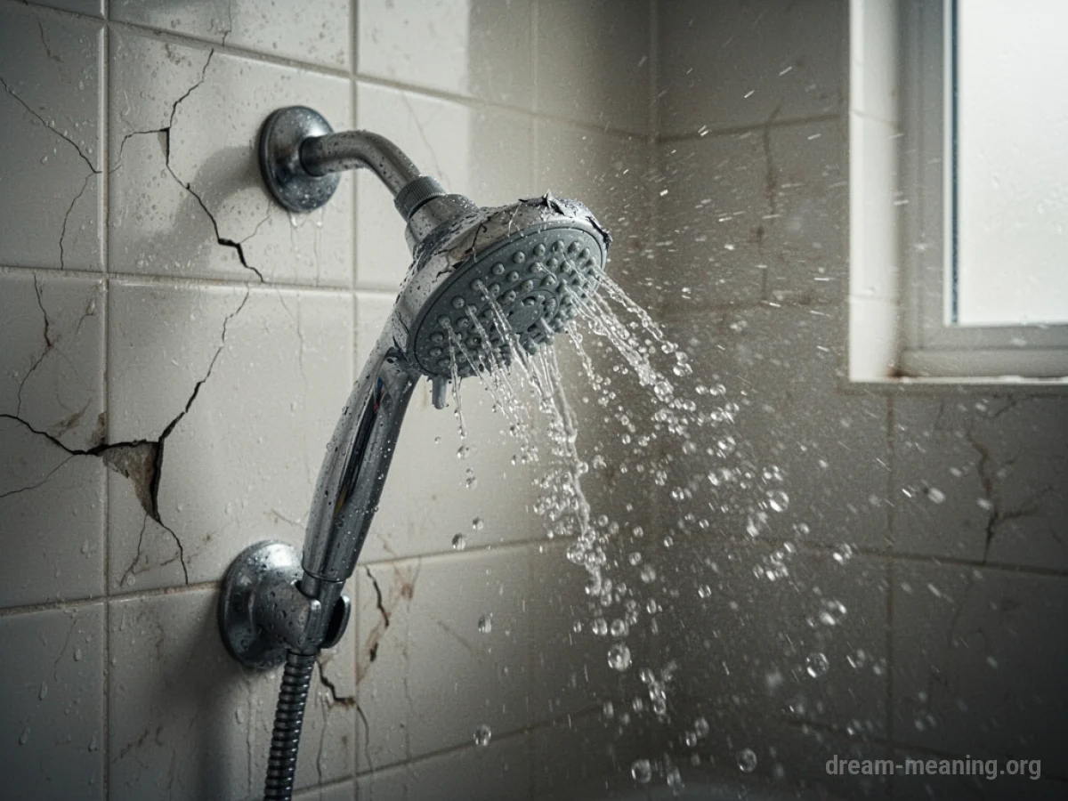 A damaged shower head spraying water unevenly with cracked tiles nearby.