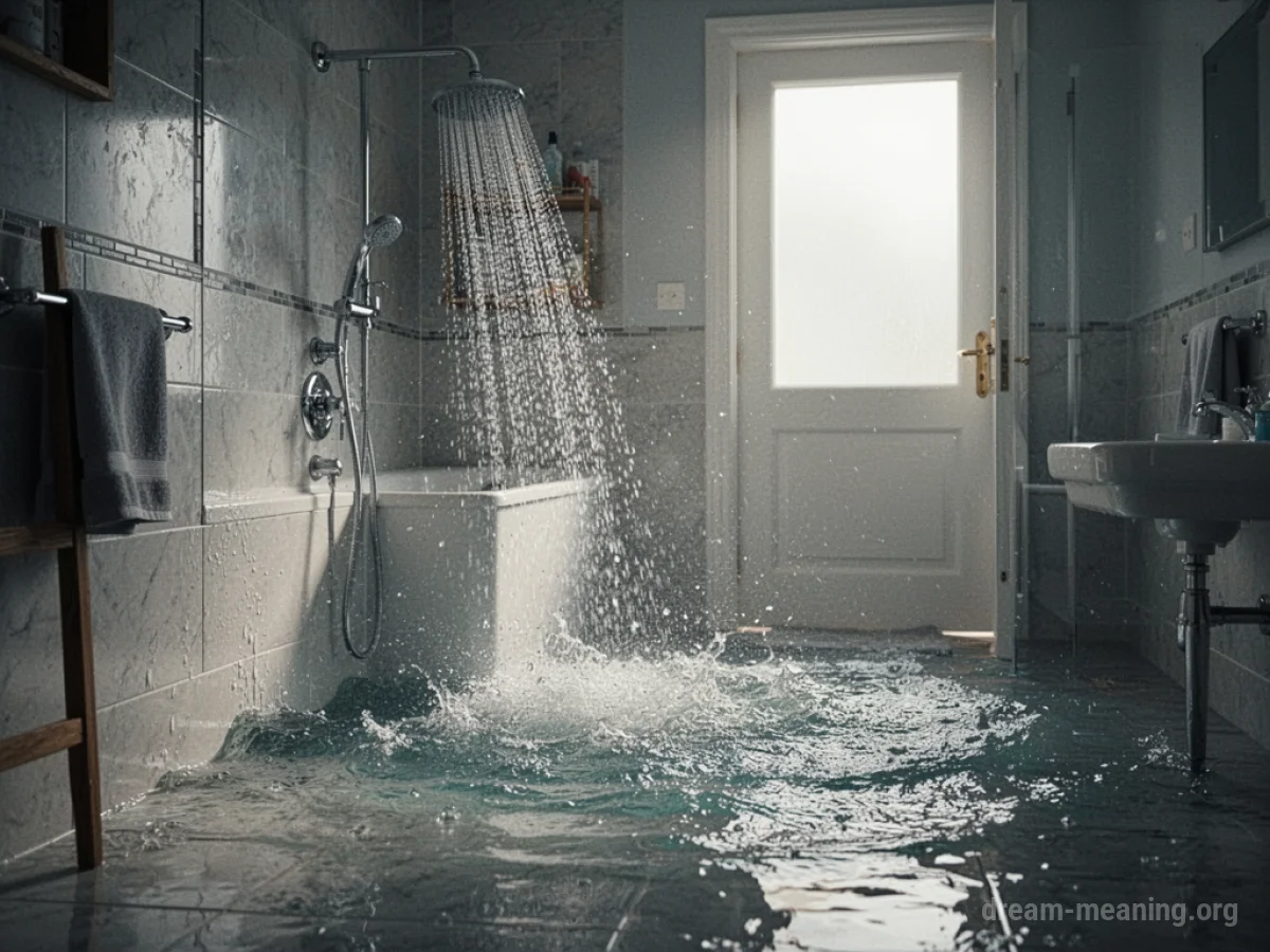 Water overflowing from a shower stall and spreading across a bathroom floor.