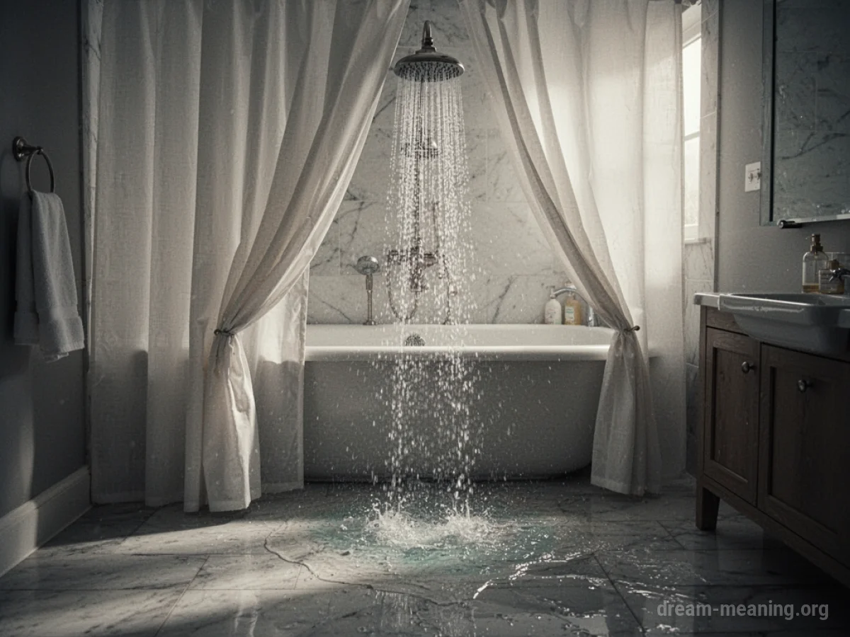 Water spilling from a shower onto the bathroom floor.