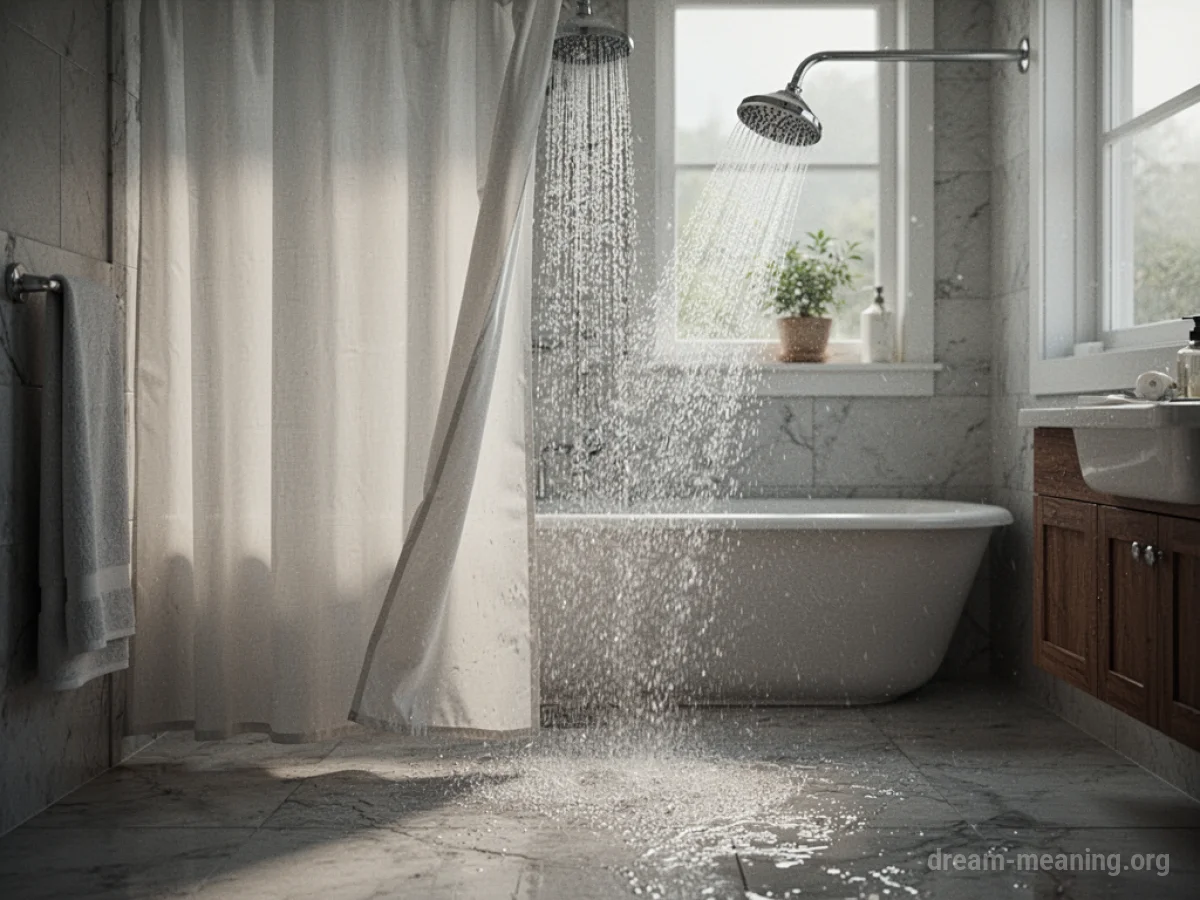 Water spraying from a shower head in a bathroom.