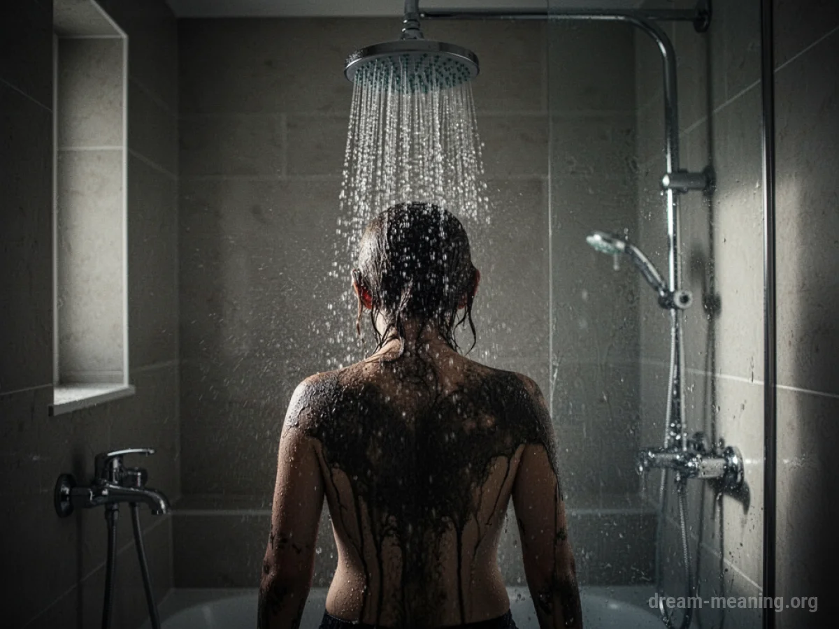 Silhouette of a person under a shower with dark, viscous liquid falling.