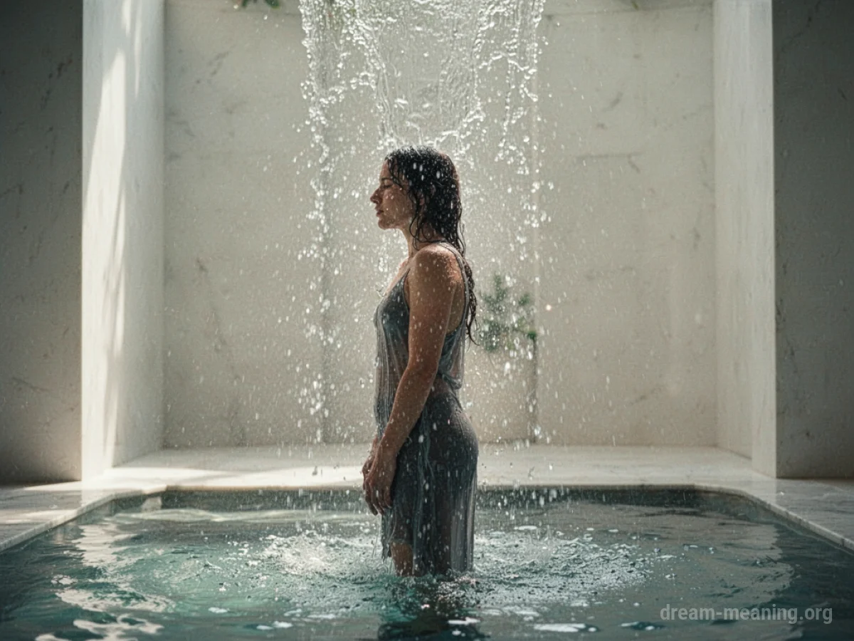 Person under clear water in a bright room.