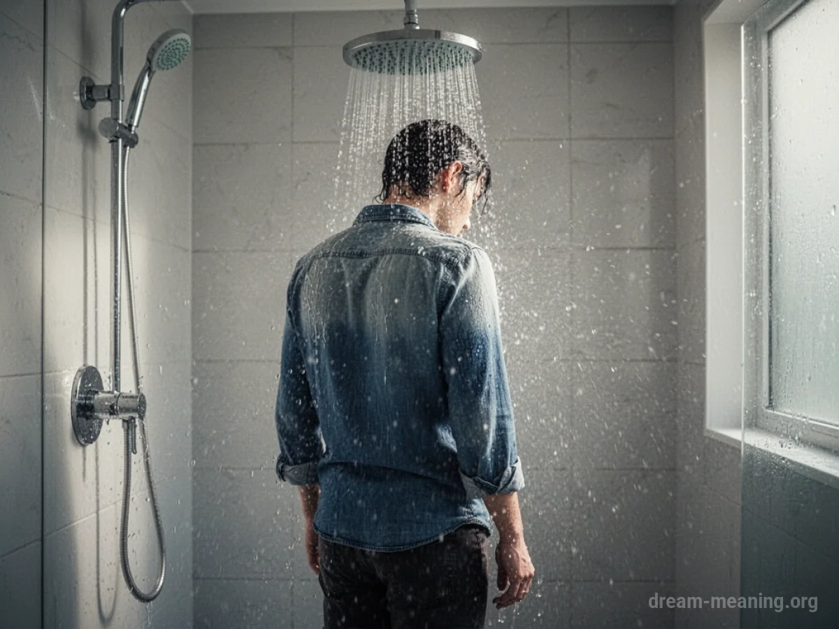 A person in clothes standing under a shower.