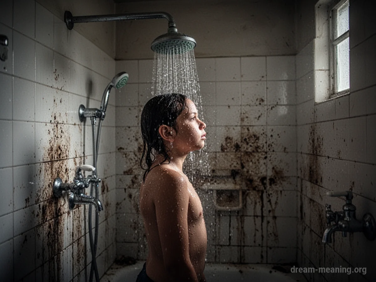 A person showering in a grimy bathroom.