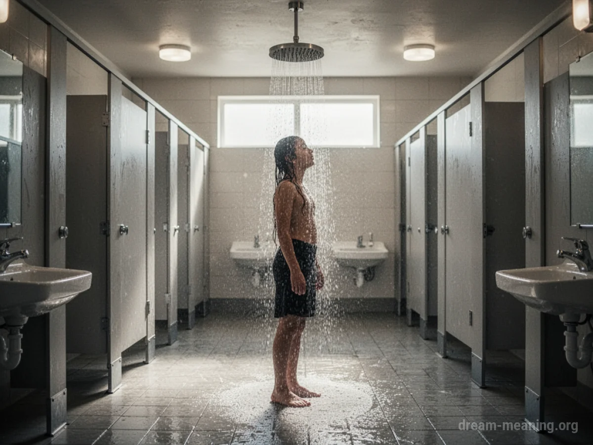 A person showering in an open public restroom.