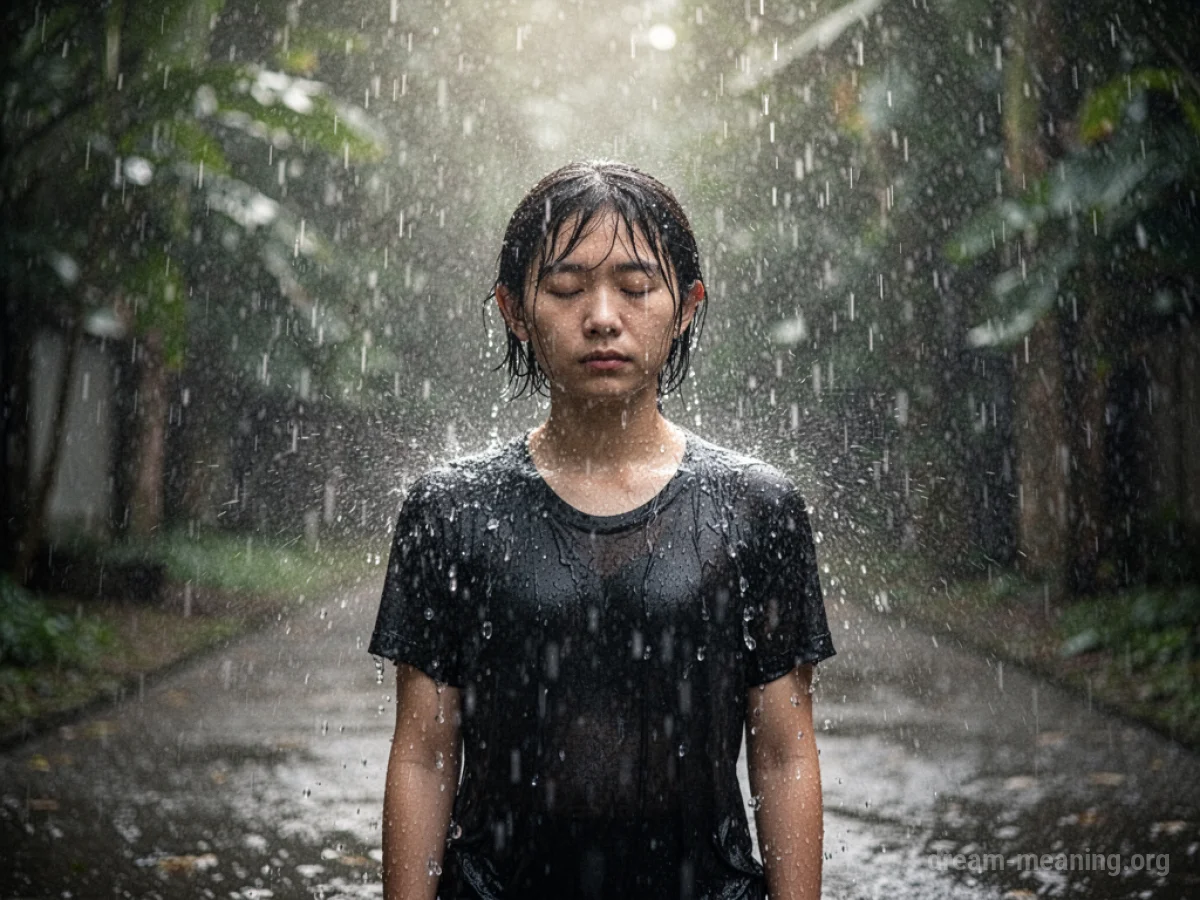A person standing outdoors as rain falls around them.