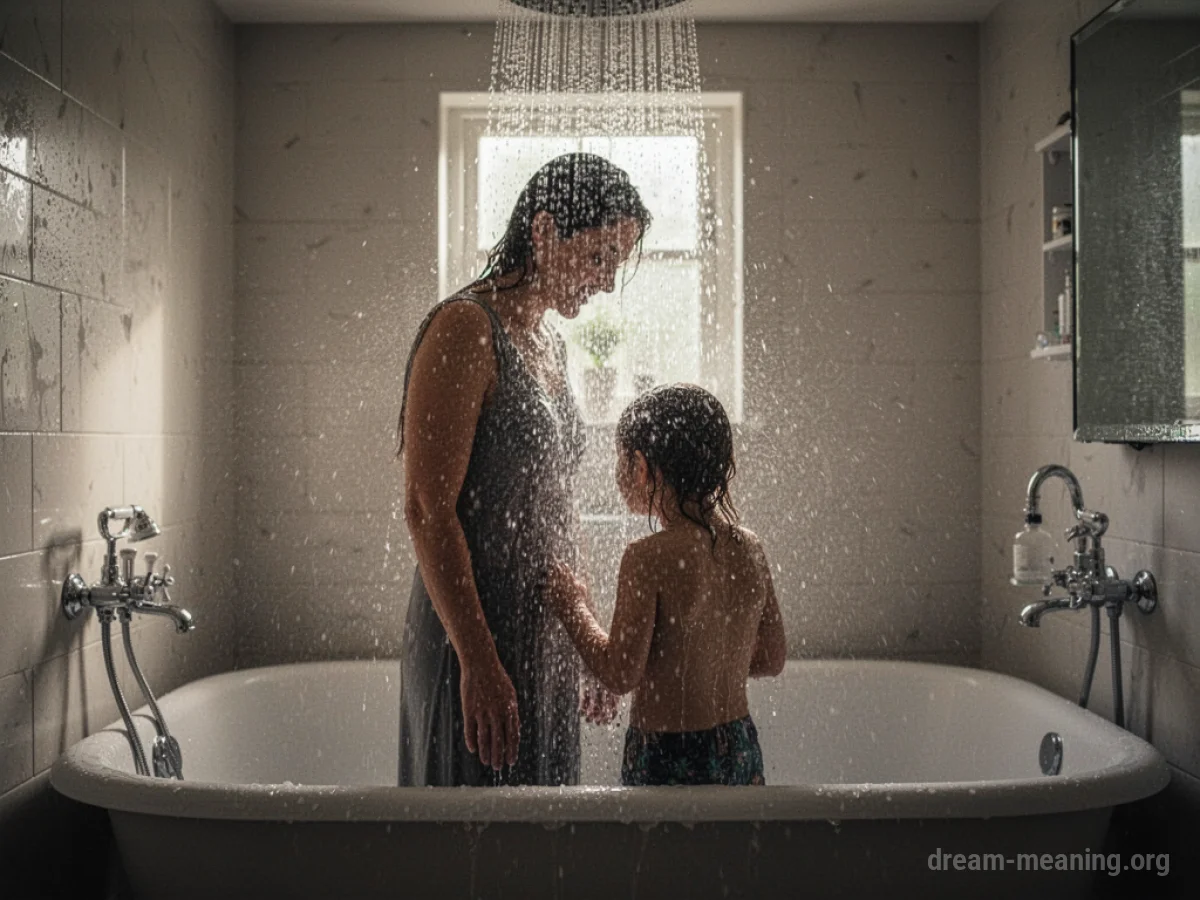 Two figures standing under a shower head in a bathroom.
