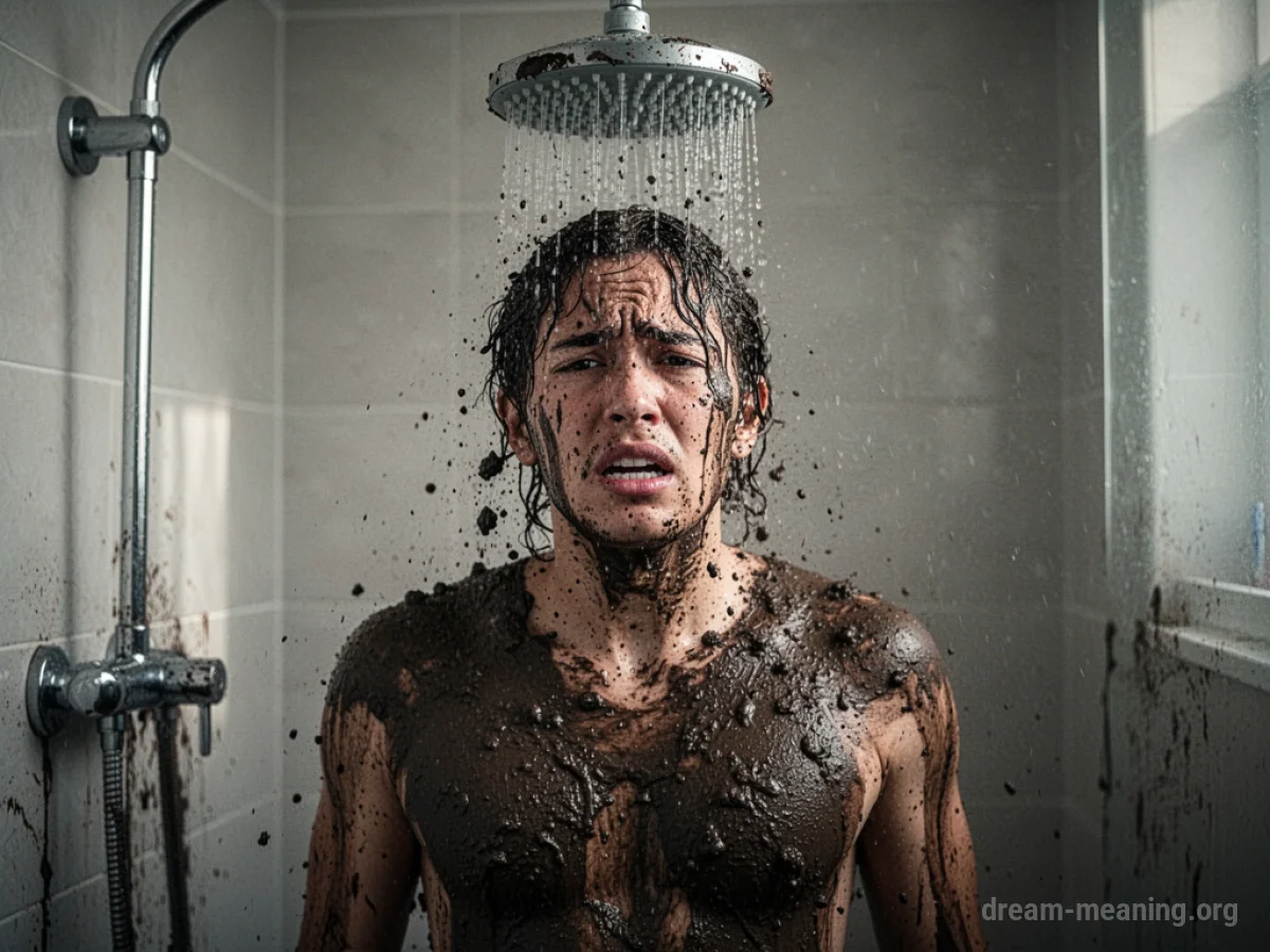 A person covered in mud standing under a shower.