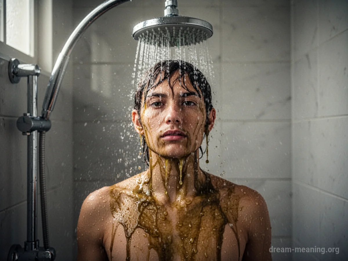 Person under a shower with odd-colored liquid falling.