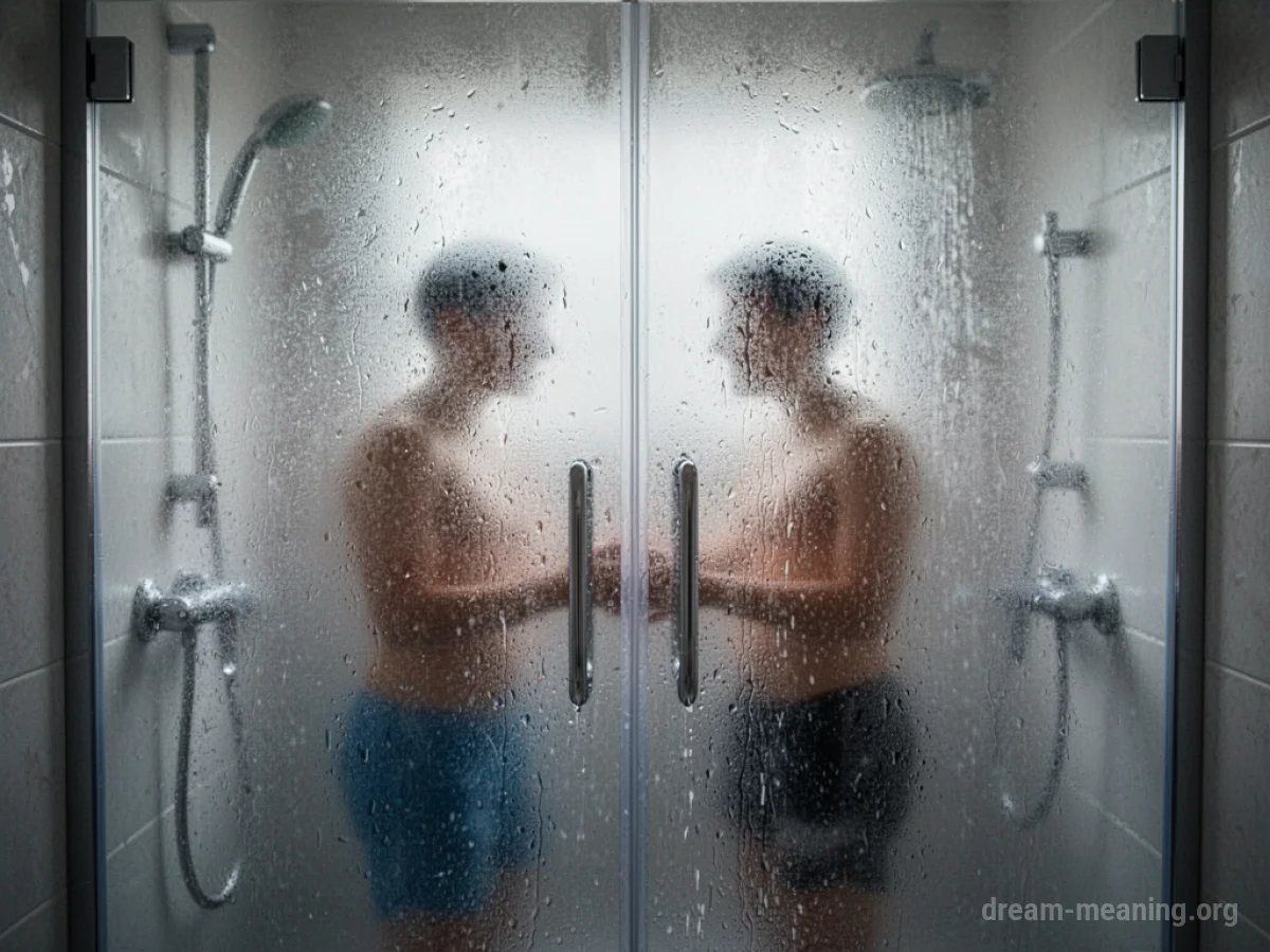 Two silhouetted figures standing behind frosted glass in a shower.