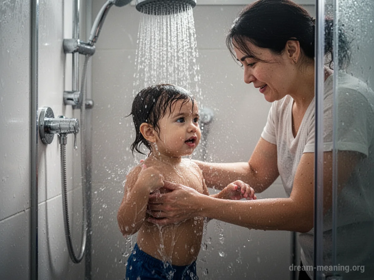 Parent and child in a shower.