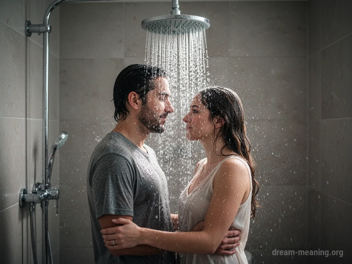 Two people standing together under a shower.