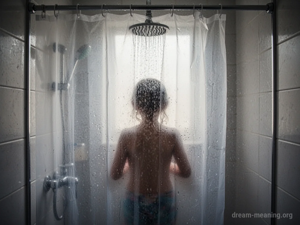 Silhouette of a person showering behind a transparent curtain.