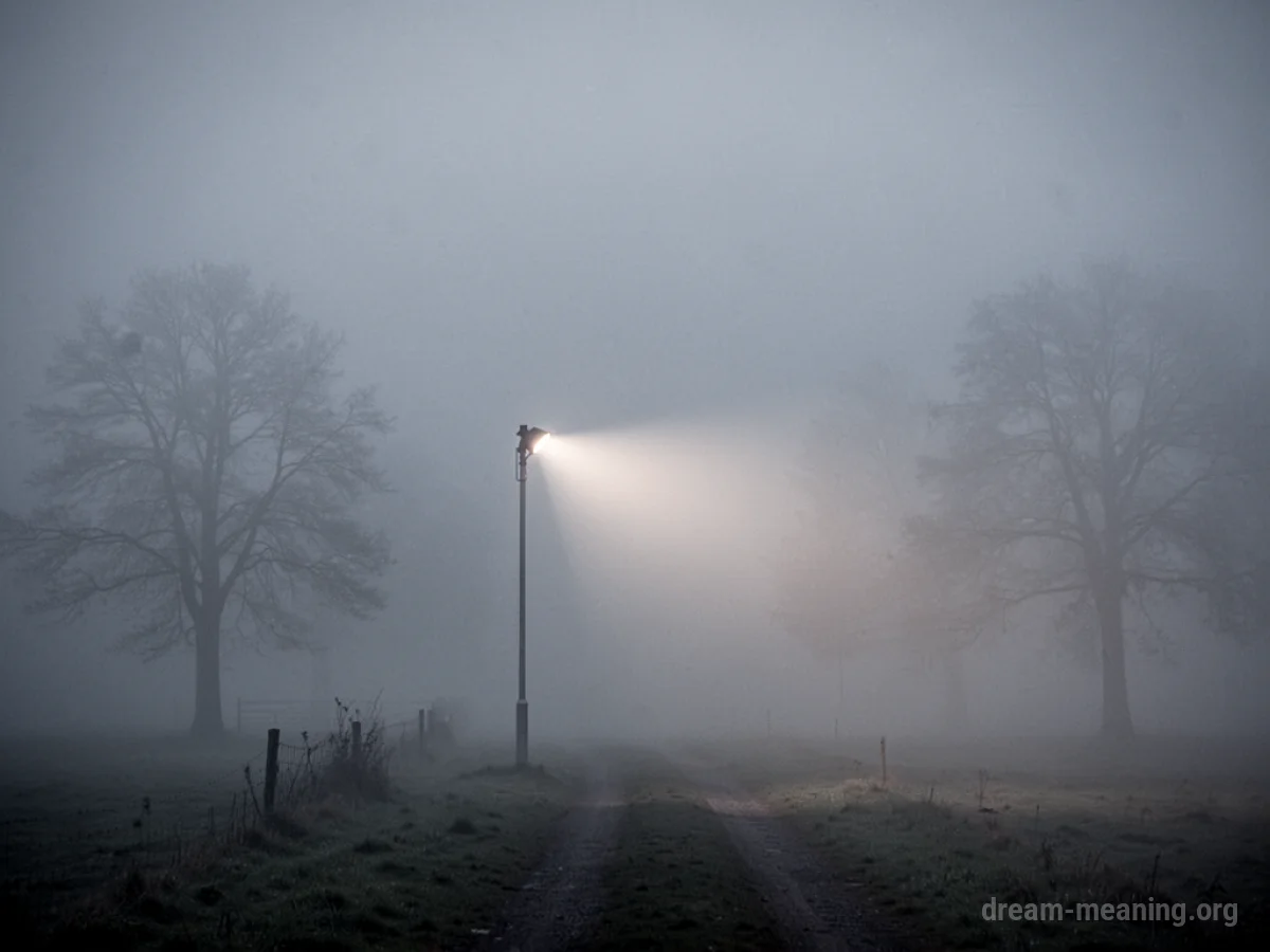 A faint beam of light emerging from a signal light through heavy fog.