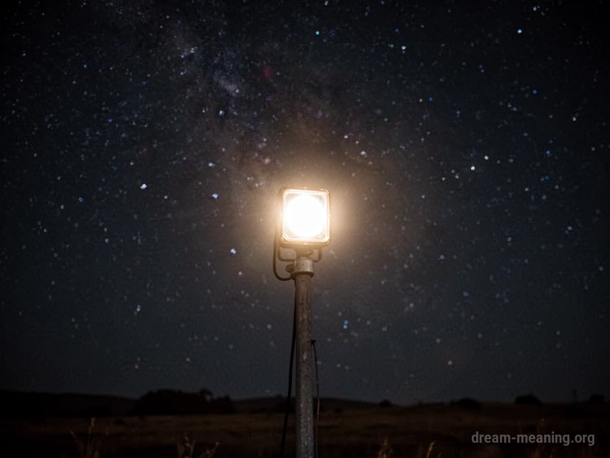 A beam of light shines from a signal light into the night sky.