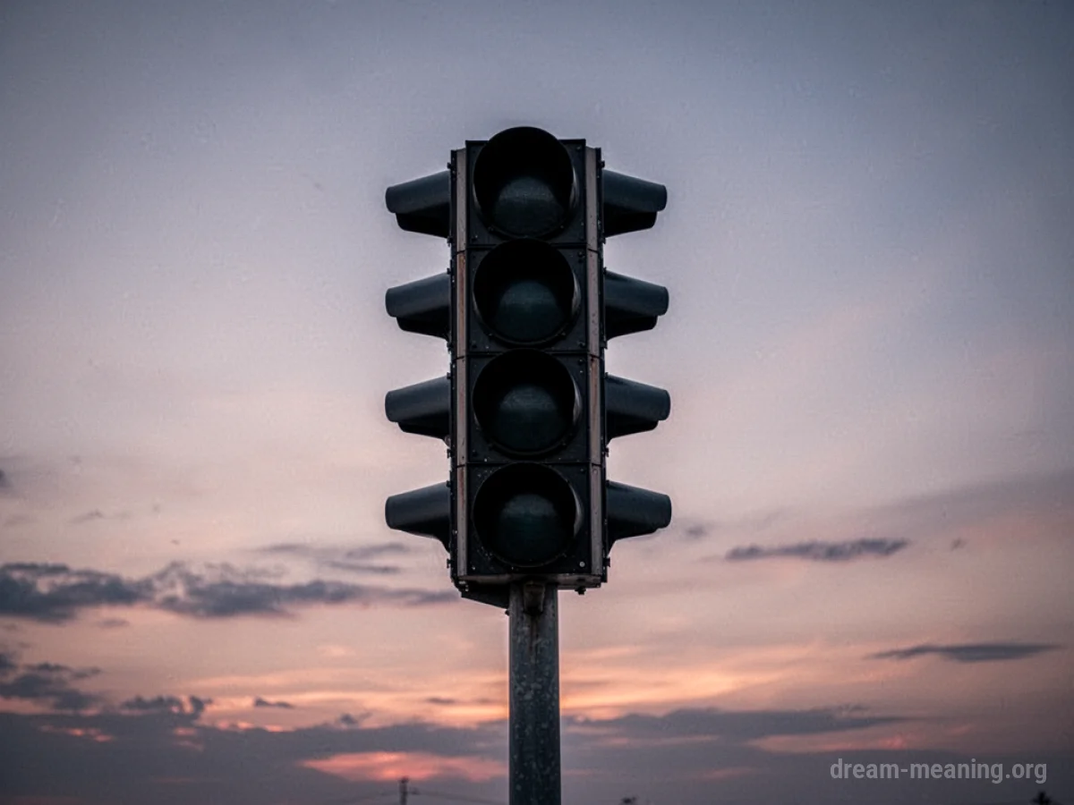 A dark traffic signal light pole against a dim sky.