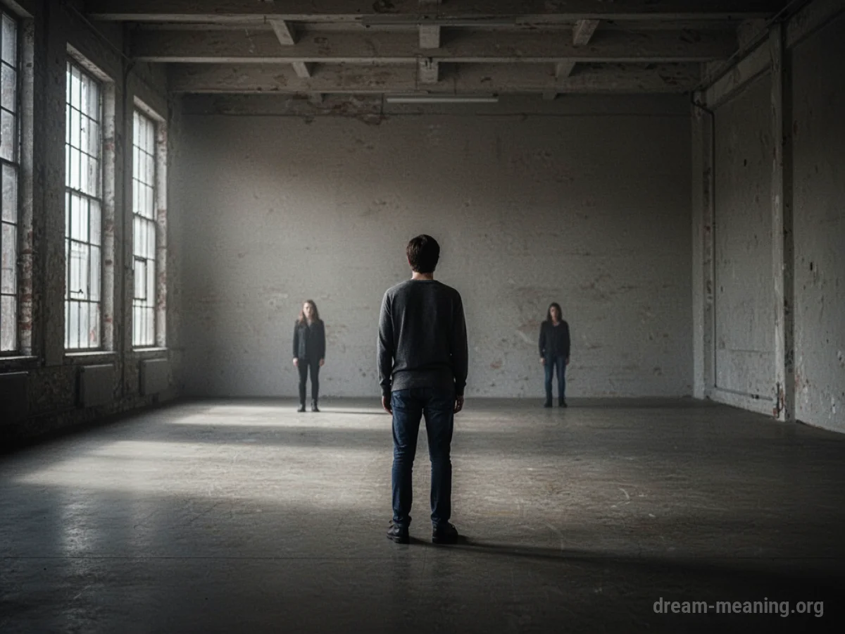 Silhouette of two figures in a vast, empty room with a large space between them.