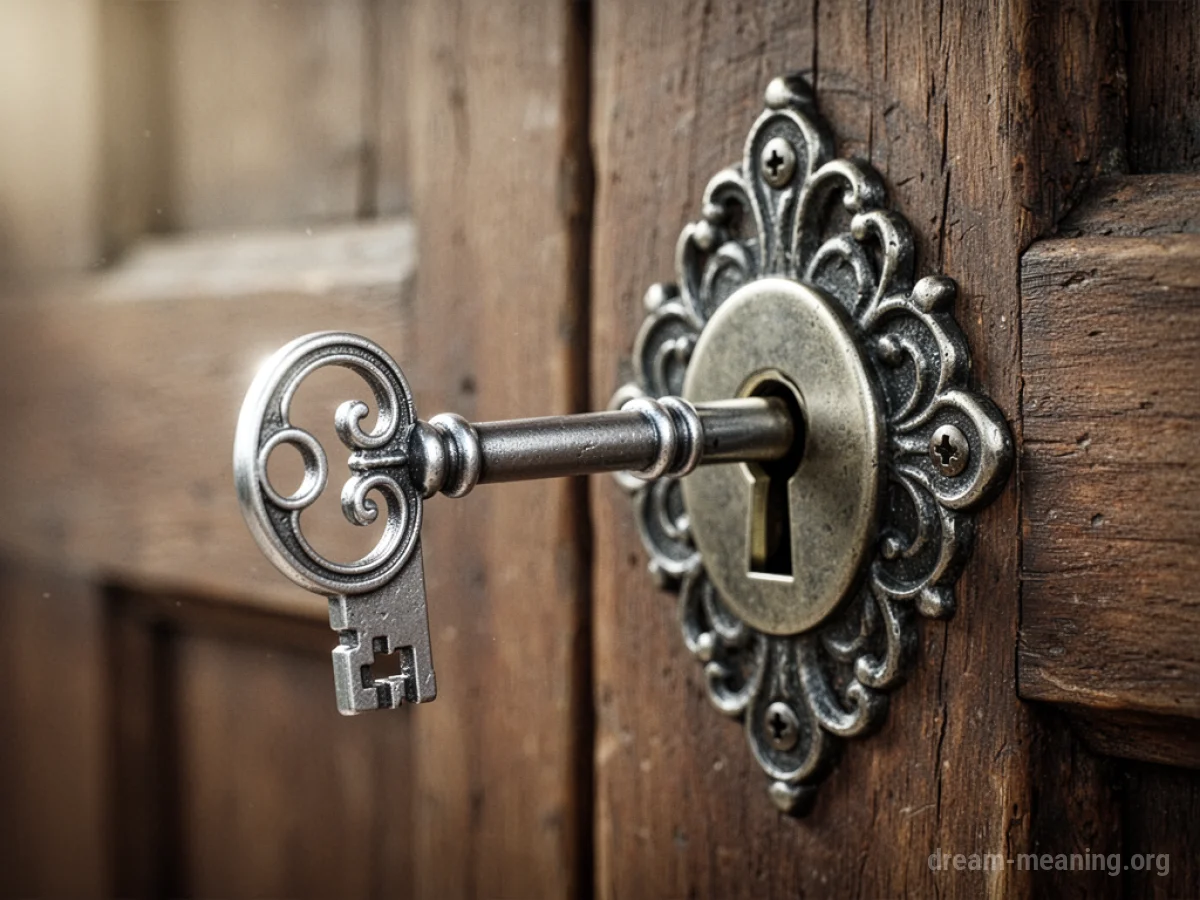 A silver key turning in a lock.