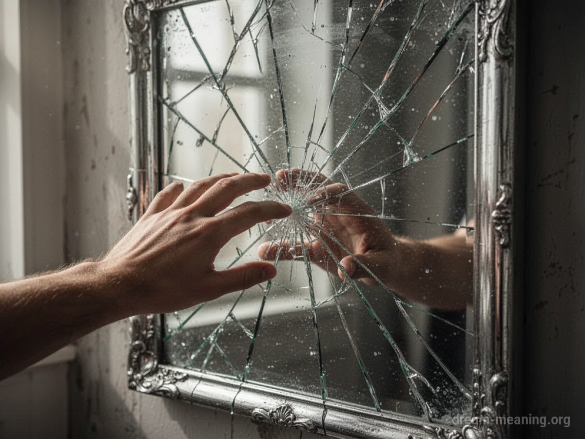 A silver mirror with a large crack running through its surface.