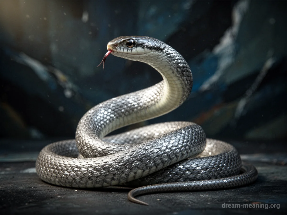 A metallic silver snake with its mouth open, poised to strike.