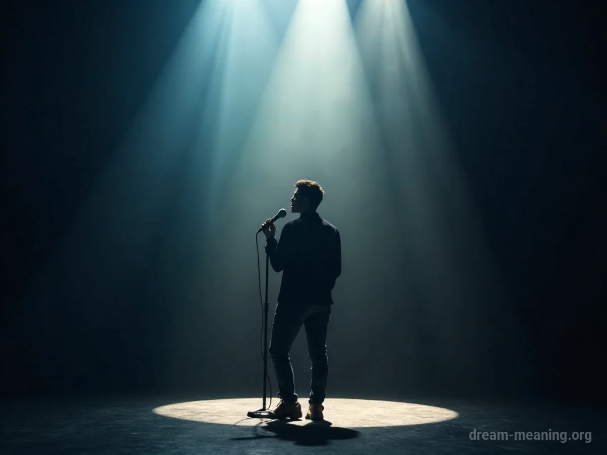 Person on a dark stage holding a microphone with a pained expression.