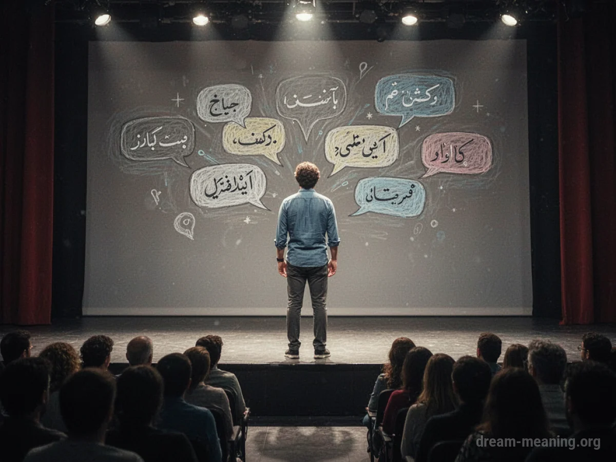 A silhouette of a person on a stage with abstract symbols representing speech.