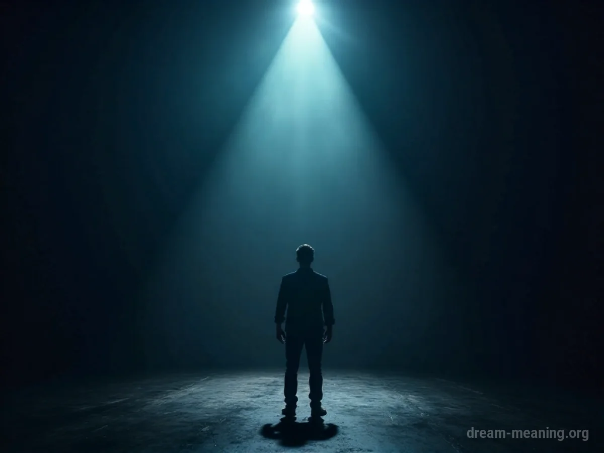 A person standing alone on a stage facing an unseen crowd.