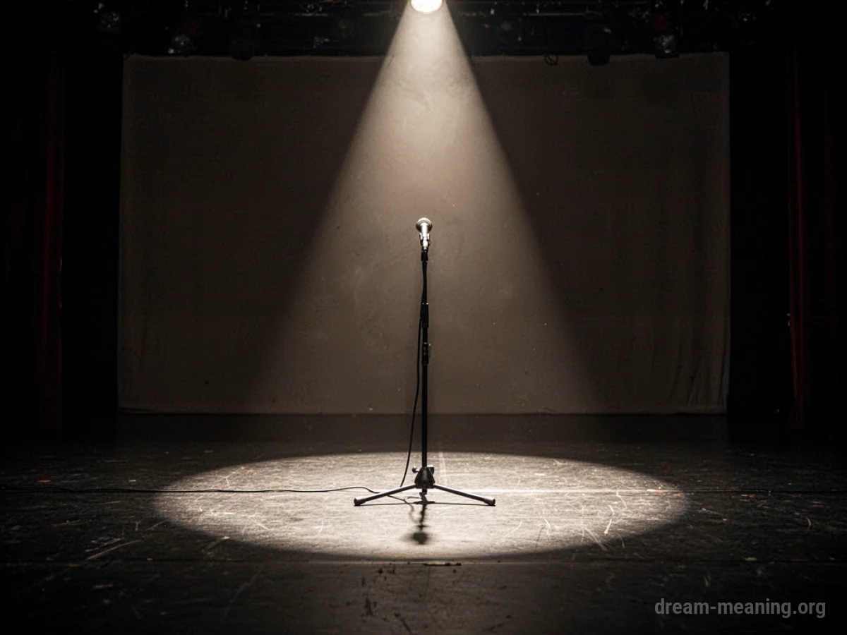 An empty stage with a single spotlight and microphone.