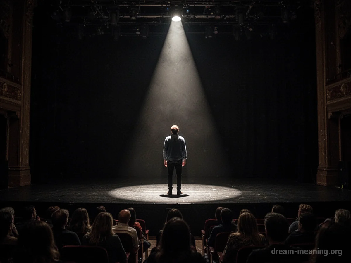 A lone figure stands on a stage under a spotlight, facing darkness.