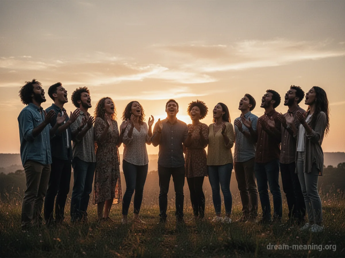 Silhouettes of people singing together outdoors.