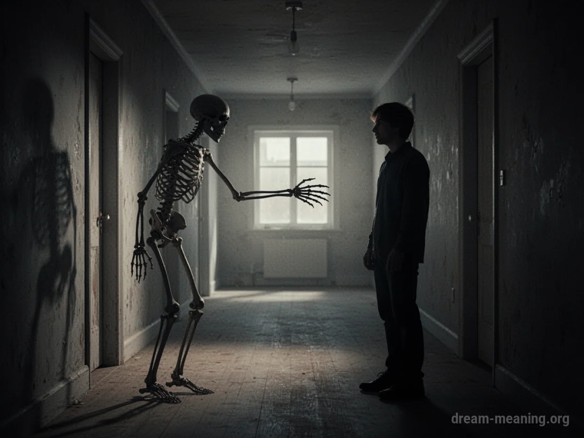 Silhouette of a skeleton reaching towards a person in a dark hallway.