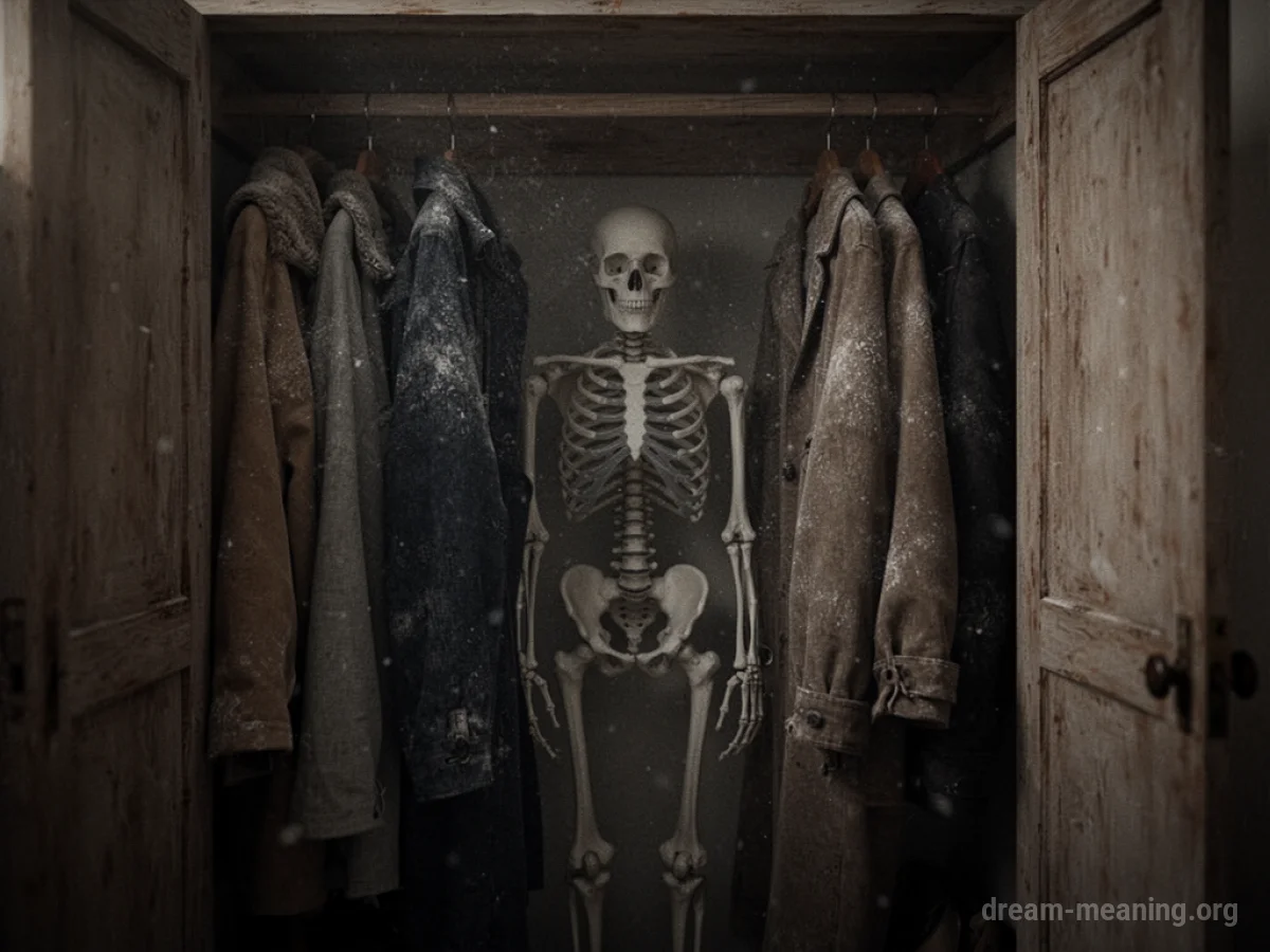 A shadowy skeleton figure stands behind clothes in a dark closet.