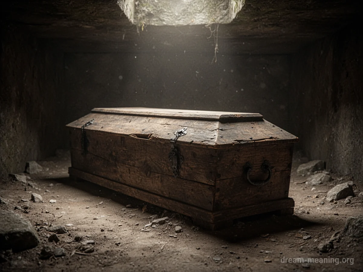 An old wooden coffin in a dark, quiet room.