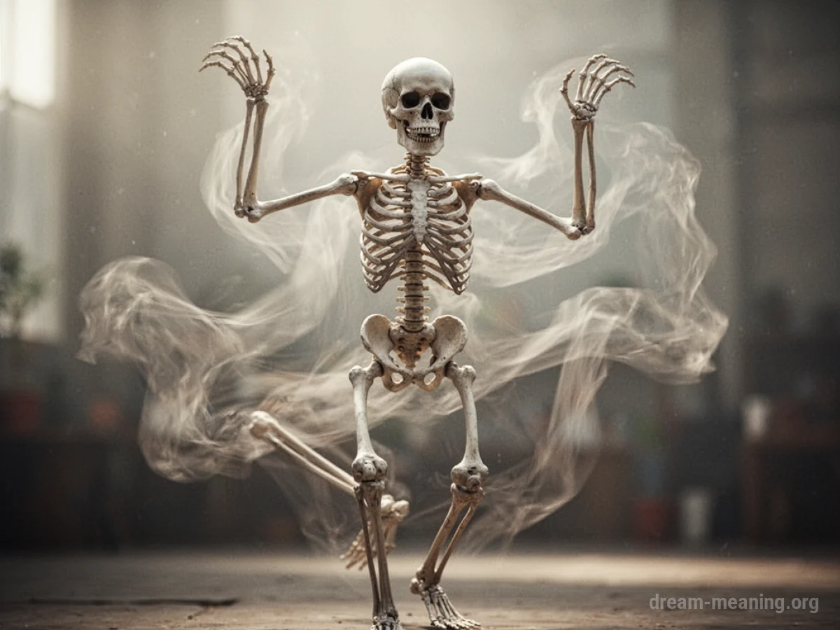 A silhouette of a skeleton dancing joyfully.