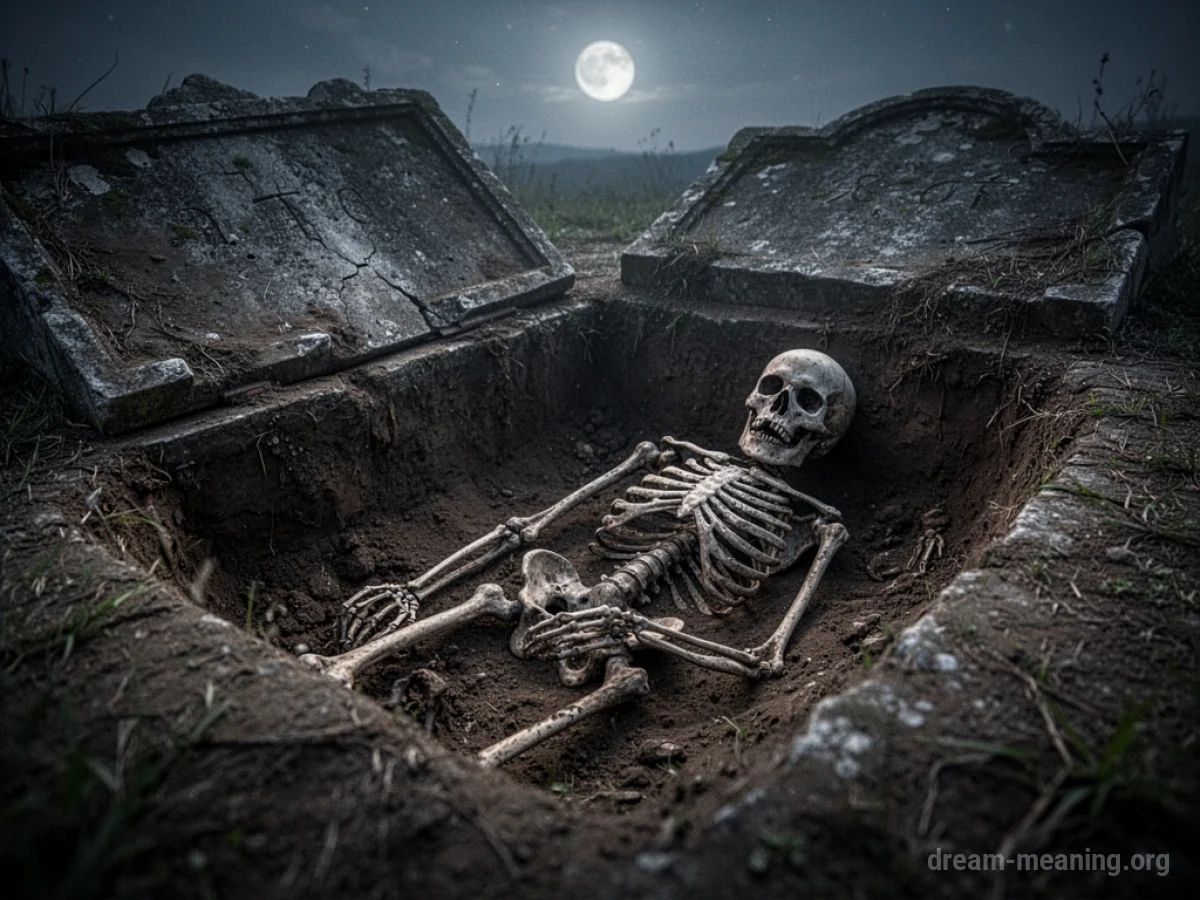 A skeleton resting in an open grave.
