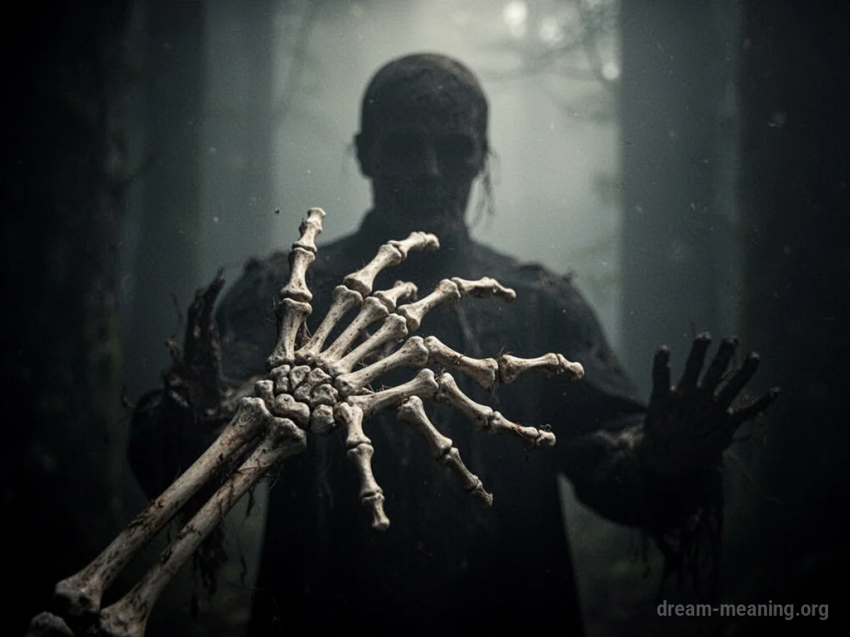 A pale, bony hand emerging from shadow.