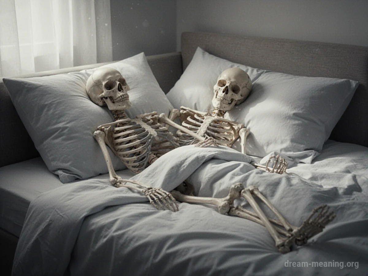 A skeleton lying in a bed.