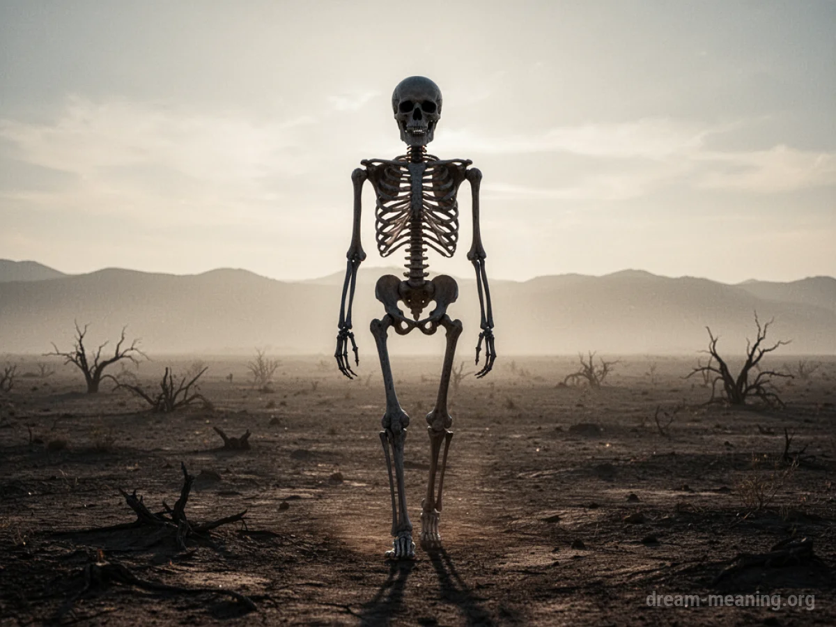 A skeletal figure walking towards the camera on a desolate path.