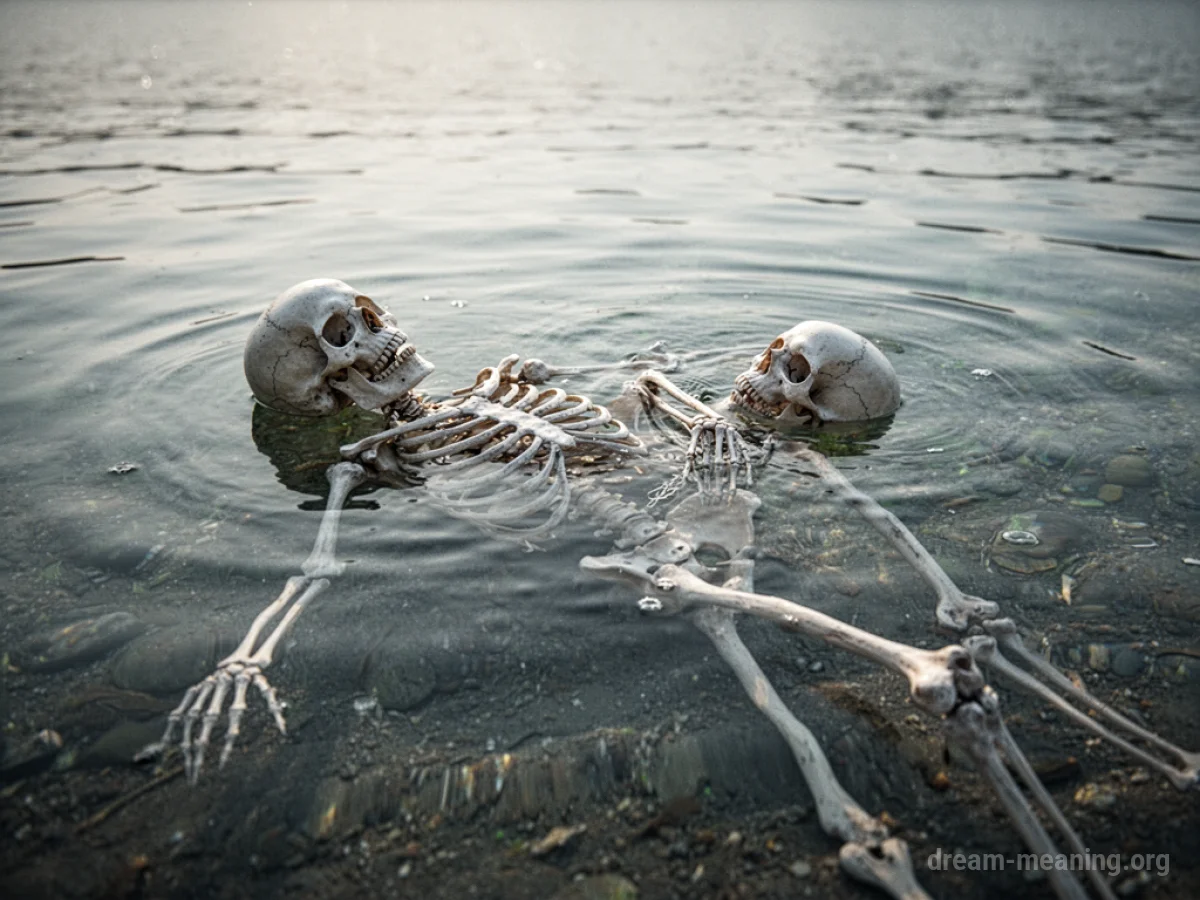 A skeleton submerged in water.