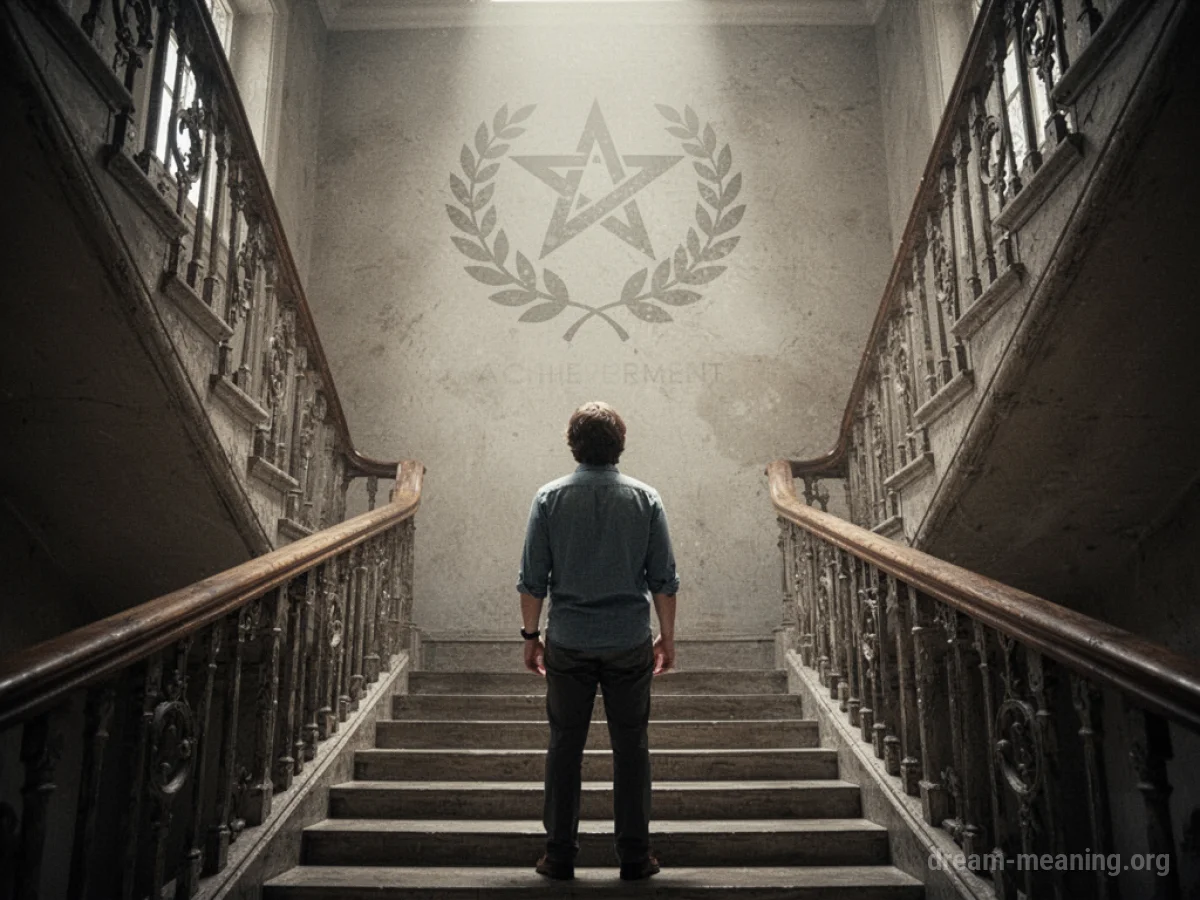 A person at the bottom of a staircase looking up at a faded symbol.