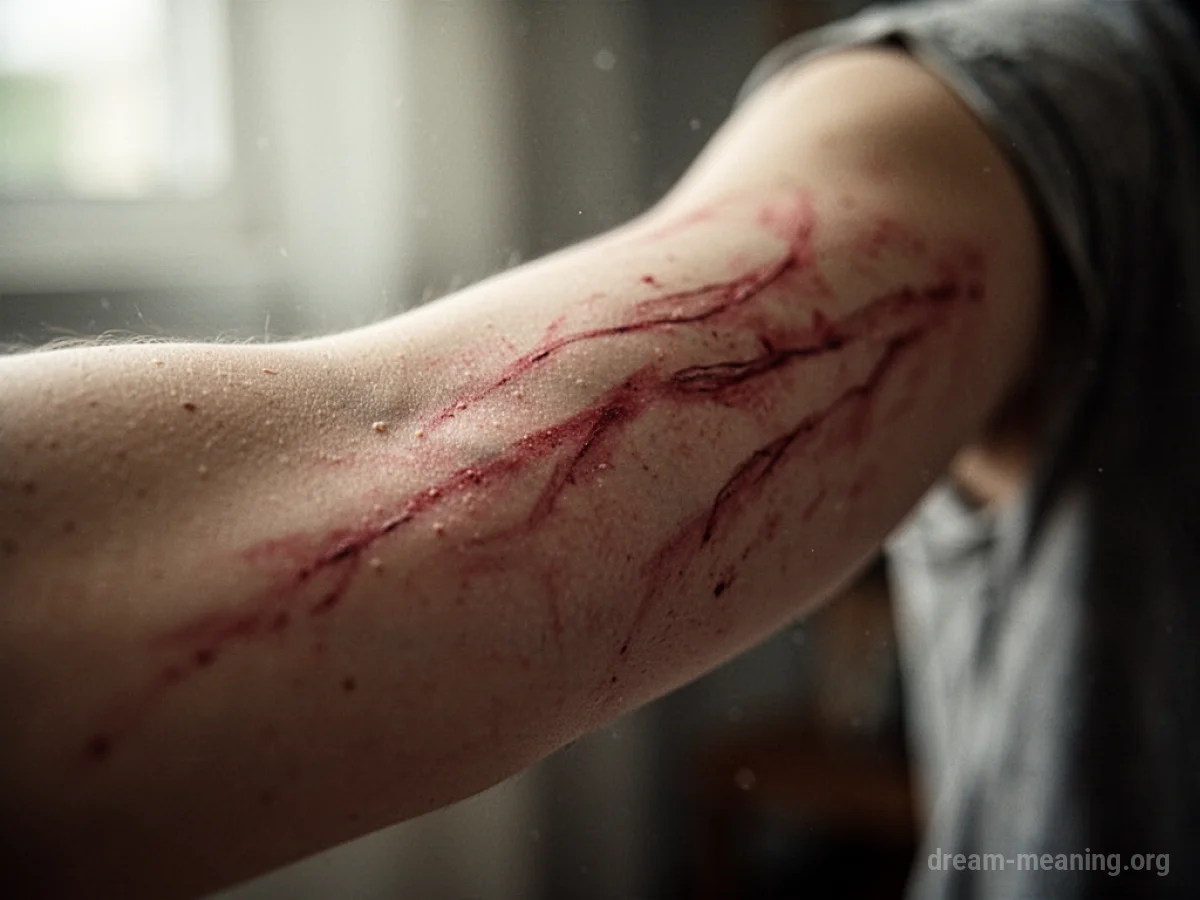 A person's arm with faint red markings on the skin.