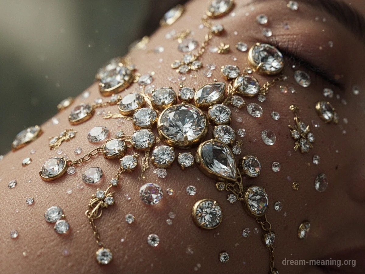 Close-up of skin covered in various sparkling jewels.