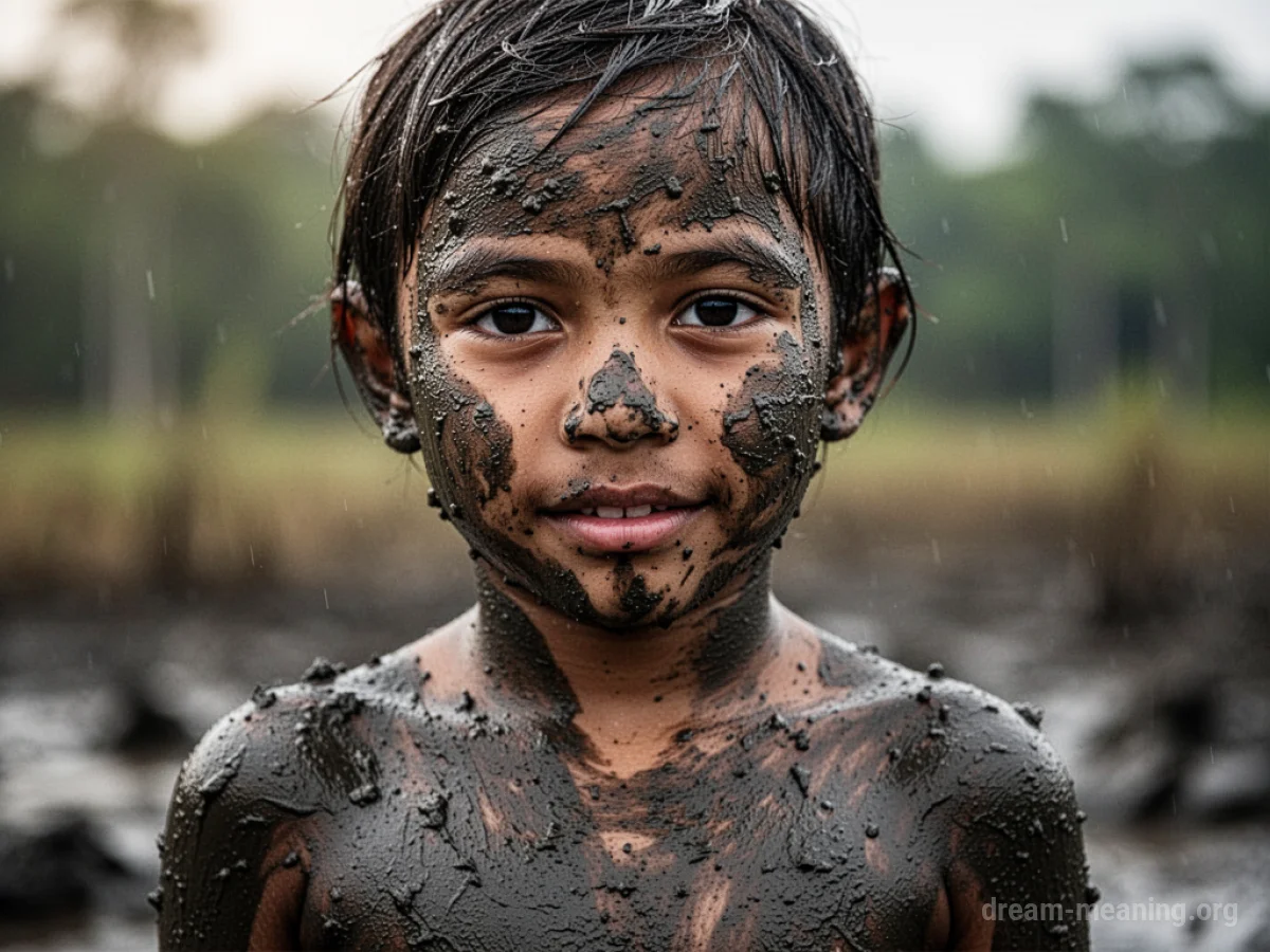 A close-up view of skin coated with dark, wet mud.