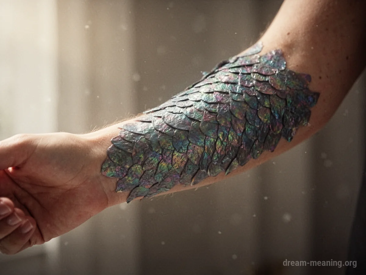 Close-up of skin on an arm transitioning into overlapping scales.