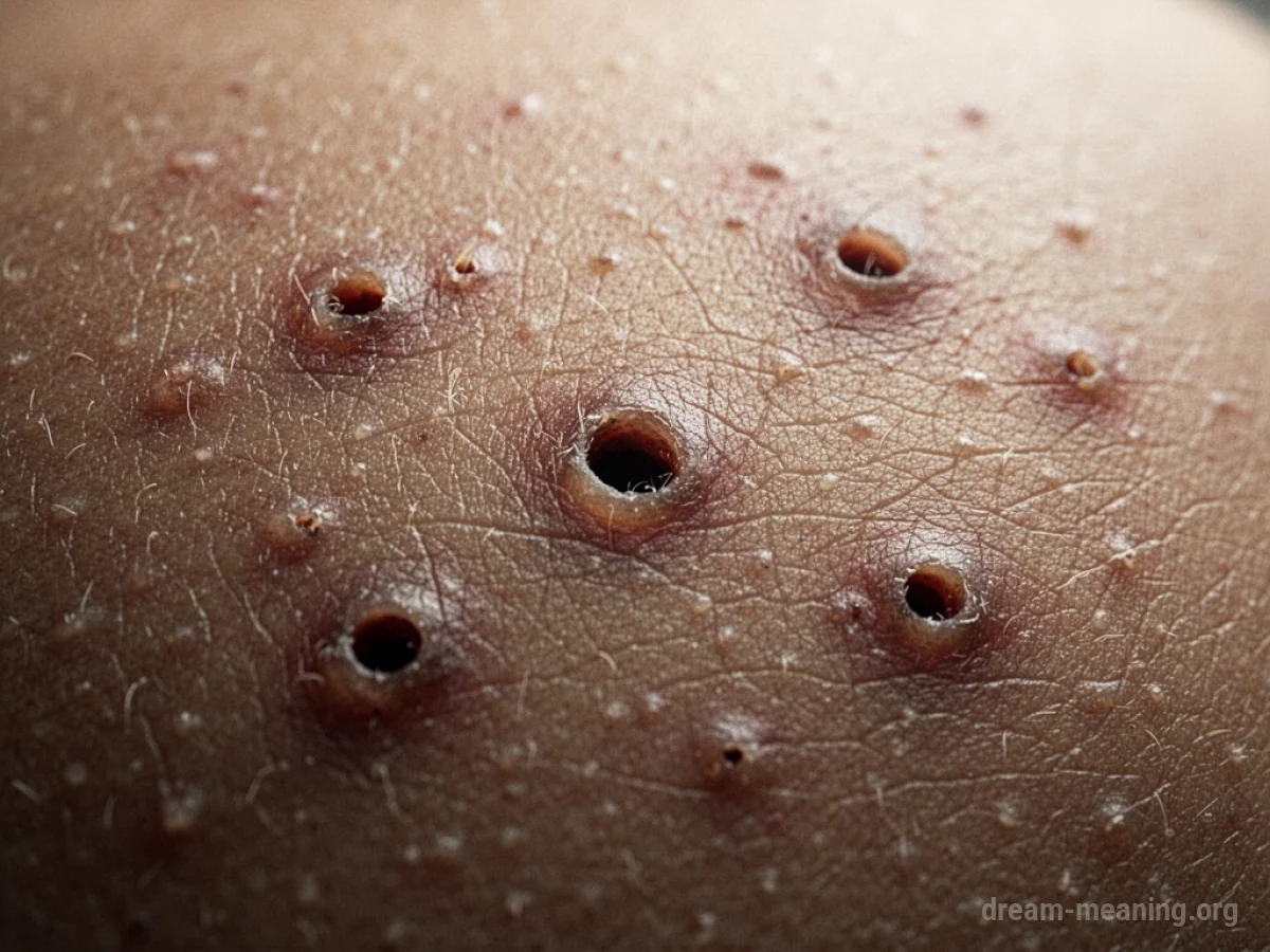 Close-up of skin surface with multiple small, circular holes.