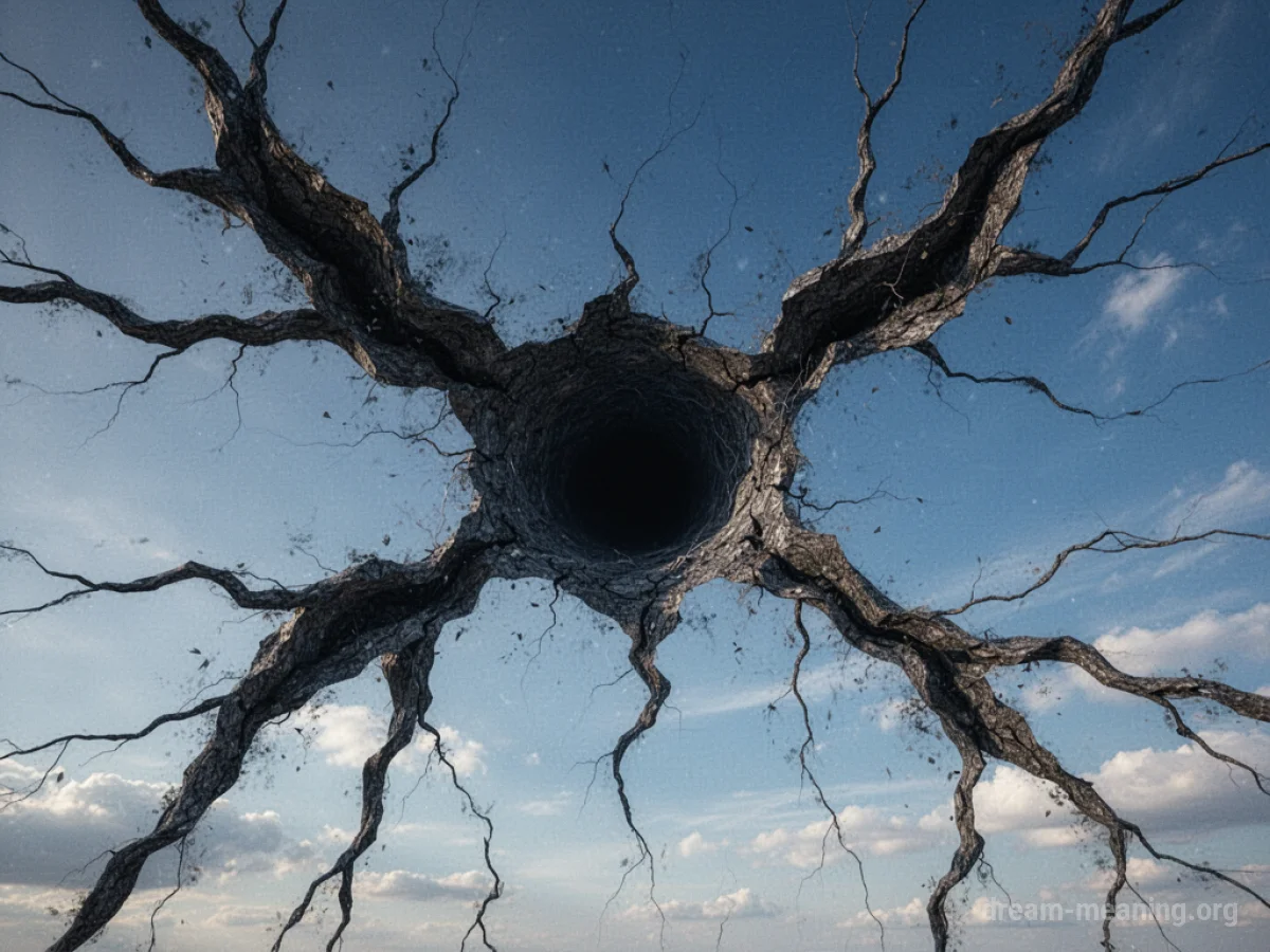 Jagged cracks appear in a blue sky.