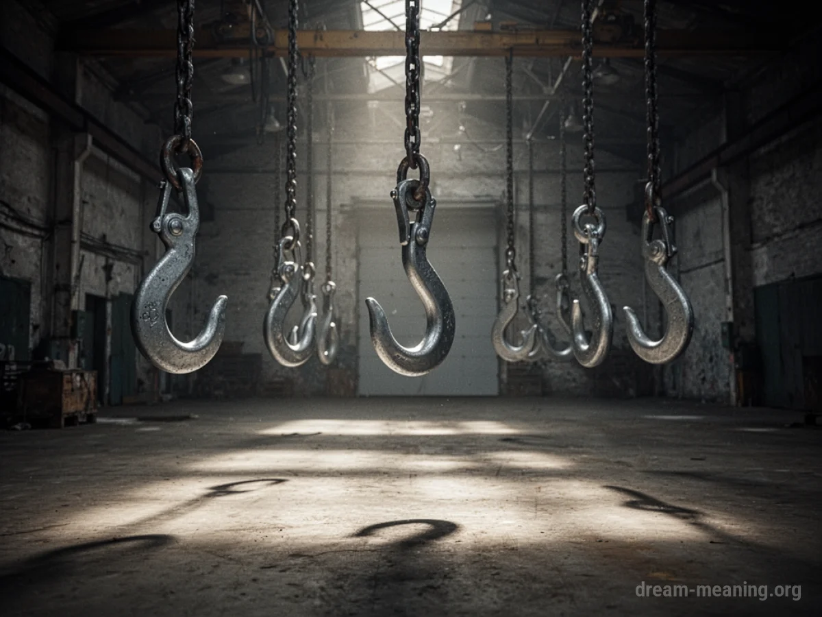 Empty industrial space with hanging hooks and long shadows