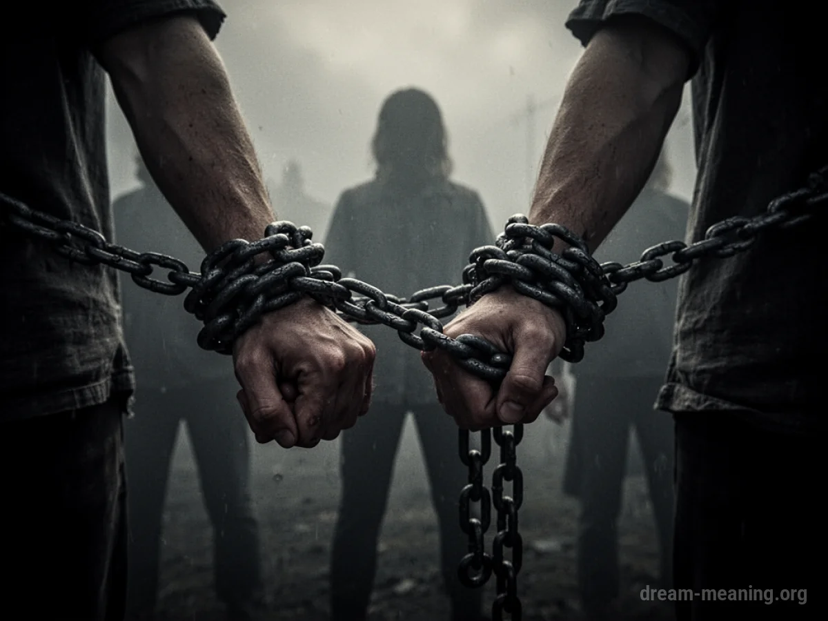 Silhouettes of figures bound by heavy chains.