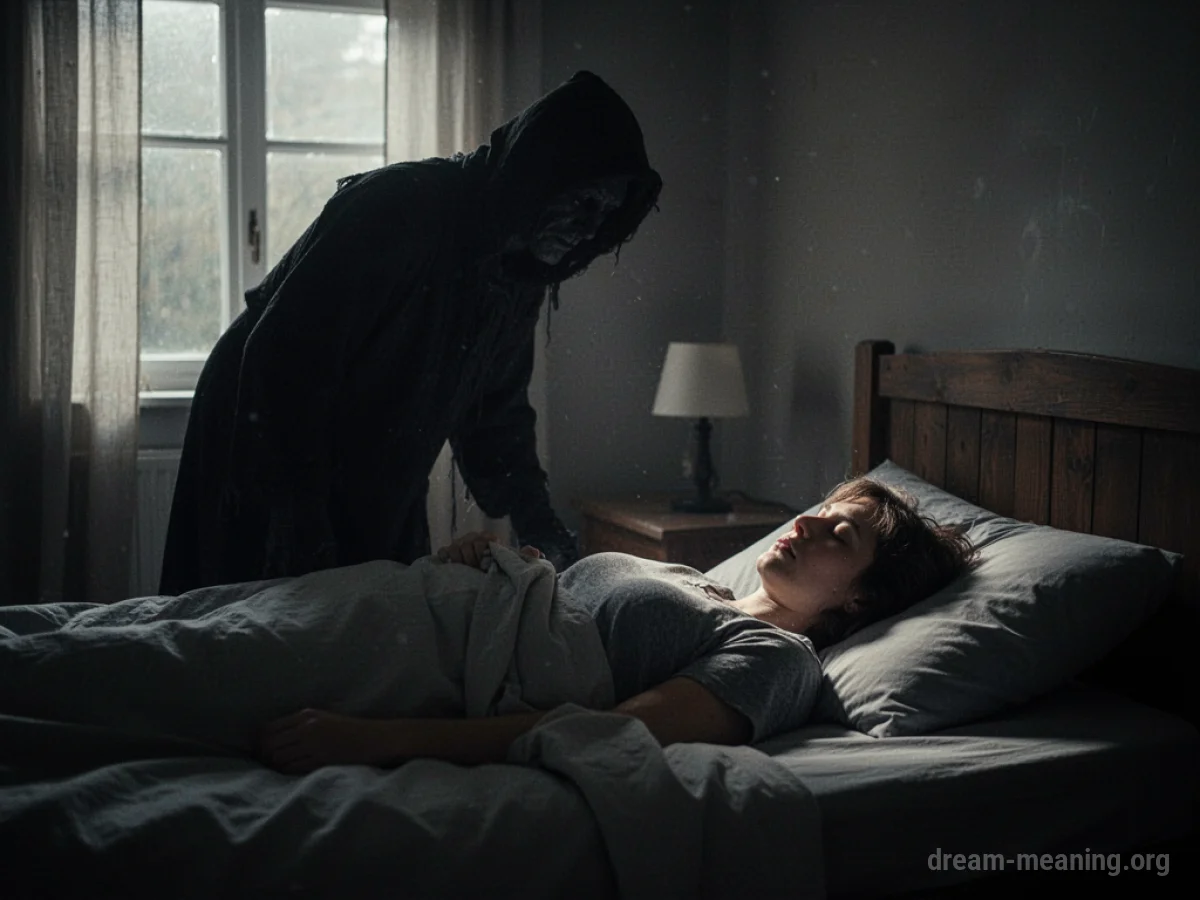 A person is lying in bed, unable to move, with a dark, indistinct shape visible in the room.