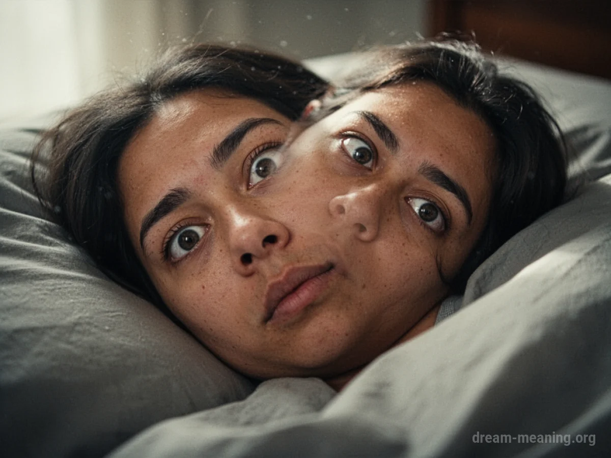 A person lying down as if asleep, with their eyes wide open and unblinking.